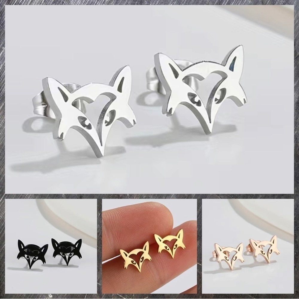 Fox Face Stainless Steel Stud Earrings #817 (Color: Silver)